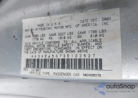 2003 Mitsubishi Eclipse Gs from USA, damaged, VIN 4A3AE45G73E123527